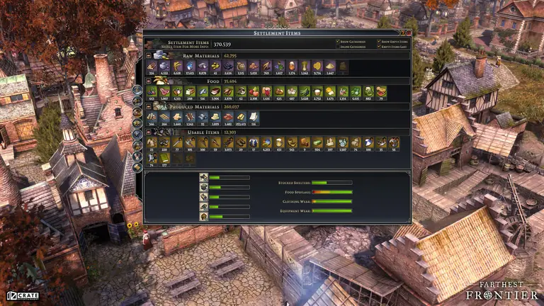 The Settlement Items window: stock of every raw material, food, produced material and usable item, with bars for food spoilage and clothing and equipment wear.