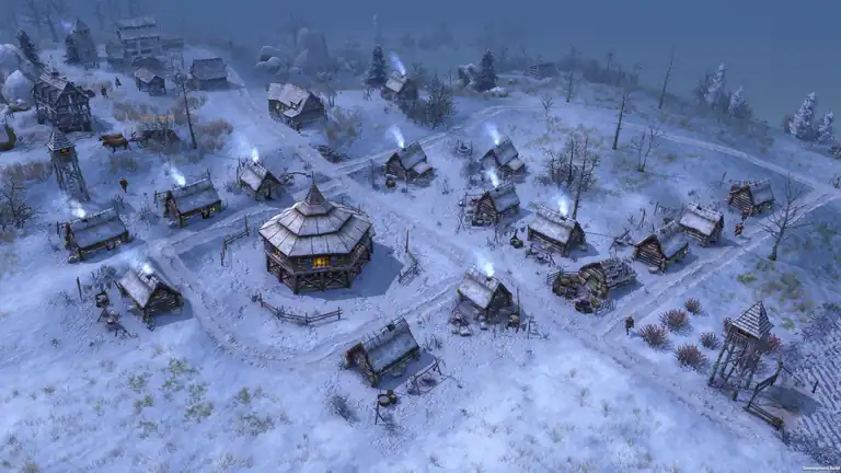 An early village in winter: log shelters around the town center, smoke rising from every chimney, lookout towers at the edges.