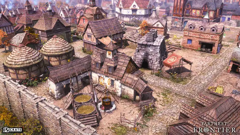 Workshops inside the town wall: soaking vats and a cauldron in front, a stone kiln and two round thatched buildings behind.