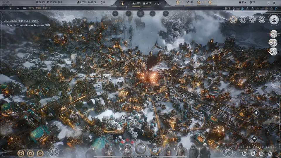 A dense city packed around the Generator crater, with smoke rising from industrial blocks.