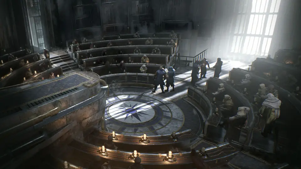 The Council Hall, where laws are voted on, with delegates gathering in the tiered seats.