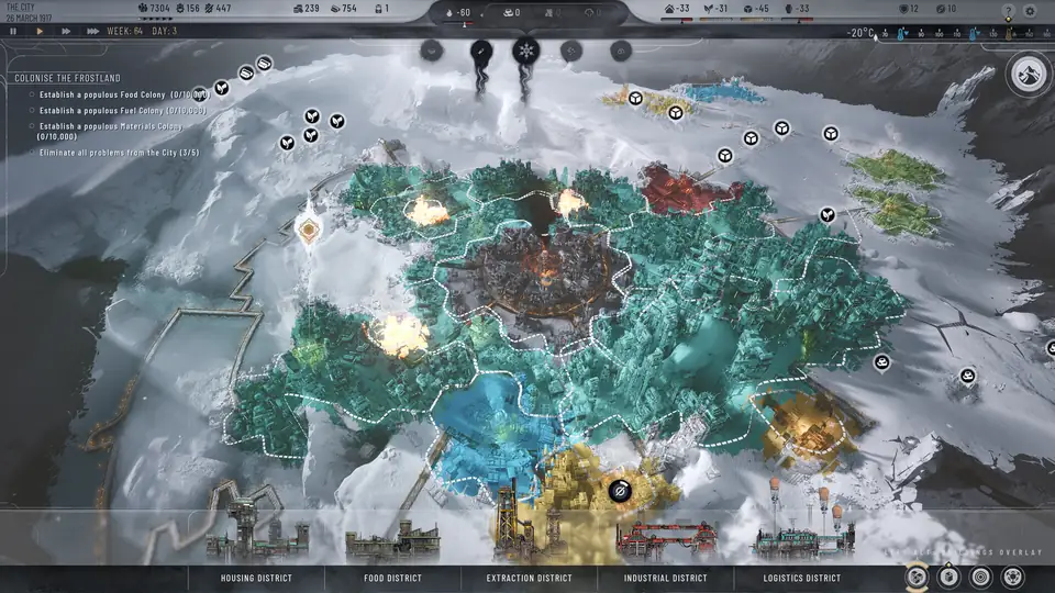 Frostpunk 2 city map with Housing, Food, Extraction, Industrial and Logistics districts coloured by type