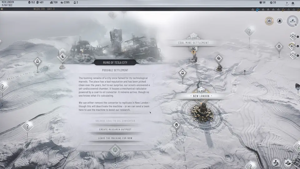 The Frostland map: New London with nearly 25,000 people, a Coal Mine Settlement, and the Ruins of Tesla City event offering a research outpost.
