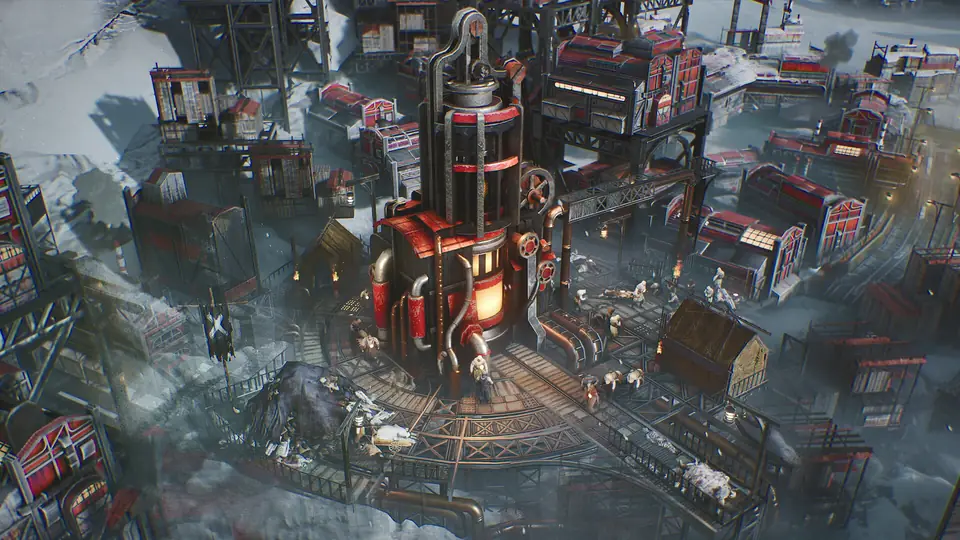 Close-up of an industrial block: a red boiler tower among workshops, with workers moving through the snow.