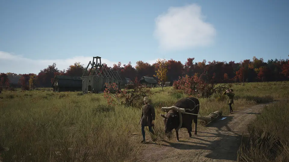An ox dragging a log to a building site while a church frame goes up behind.