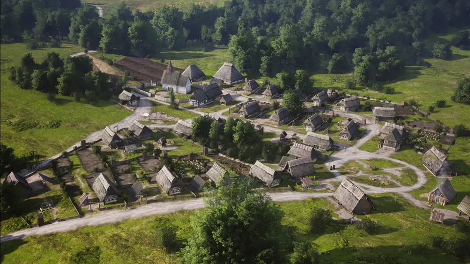 A Manor Lords village from above, with burgage plots, fields and a church
