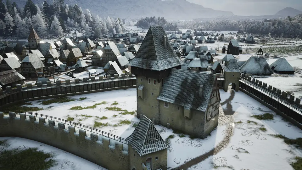 A walled town in winter, with snow on the fields.