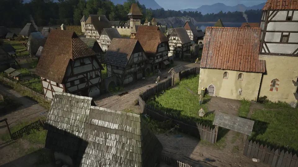 Upgraded timber-framed burgage plots along a street, with a stone church.