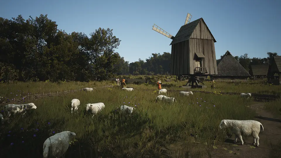 Sheep grazing a fenced pasture next to a post windmill.
