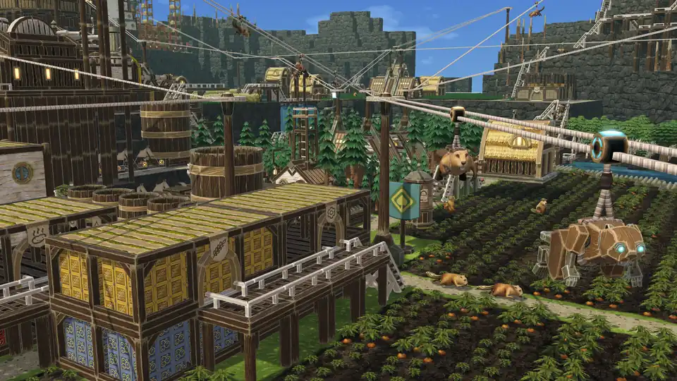 A walking bot crossing a carrot field under zipline cables, with raised storage buildings on the left.