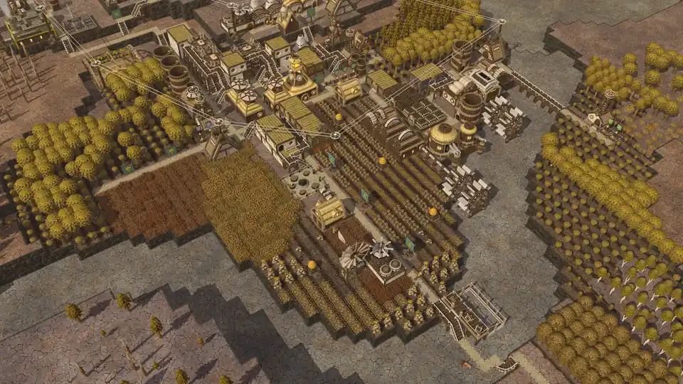 A colony in a drought: the ground has dried out and the trees and crops around the farms have turned yellow.