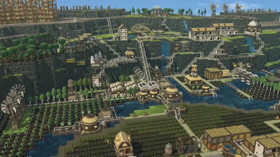 Folktails fields along water channels, with windmills on the left and houses on the cliffs above