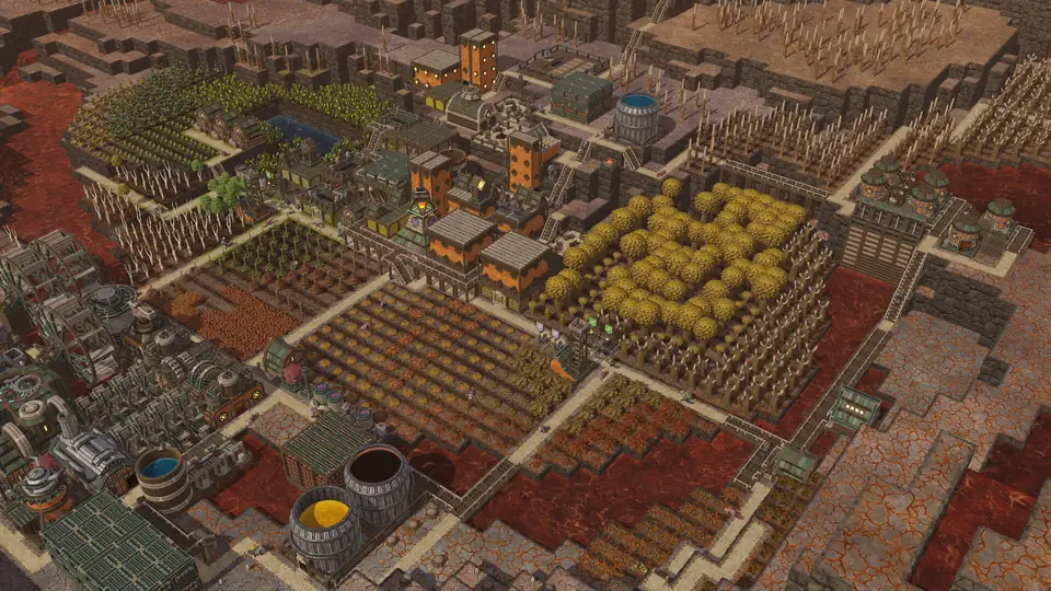Iron Teeth farmland on red soil, with grain fields, a yellow-leaved tree grove, housing towers and tanks.