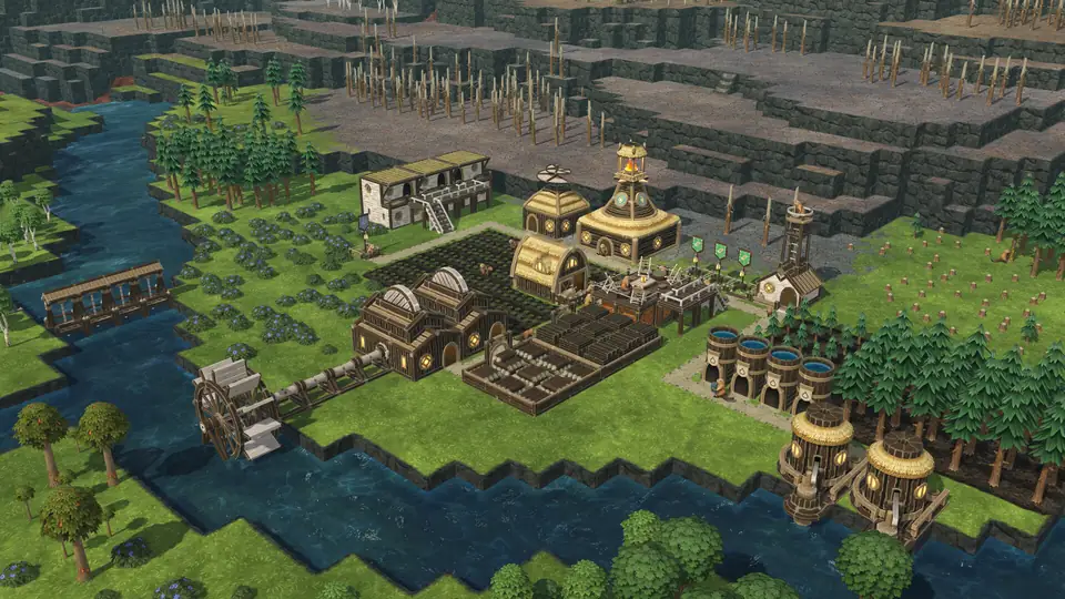 A small colony beside a river: a water wheel at the bank, round water tanks, a farm plot and a pine grove.