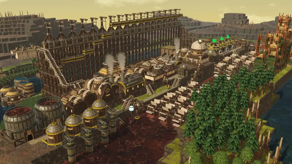 A long row of water wheels built into a dam, with storage tanks, smoking workshops and a pine forest beside it.