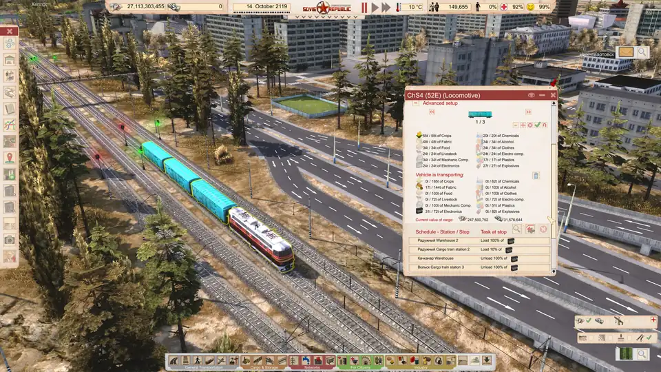 A locomotive pulling boxcars, its window showing loads of crops, fabric, food, clothes and electronics and a four-stop schedule.